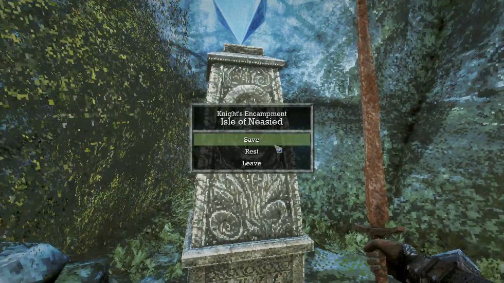 Knight's Encampment blue-crystal menu with separate Save, Rest, and Leave options