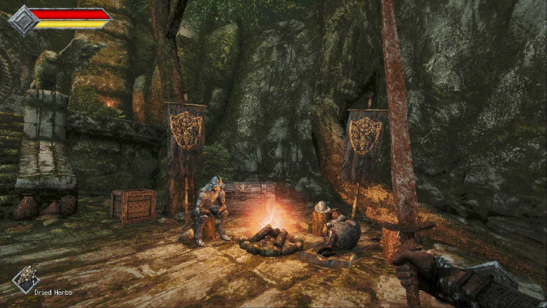 Campfire between two seated armored figures, with banners against a stone wall