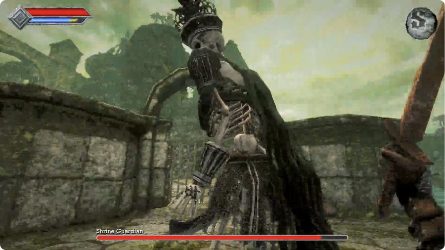 Shrine Guardian seen from its side at close range, with the player's short sword held ready on the right