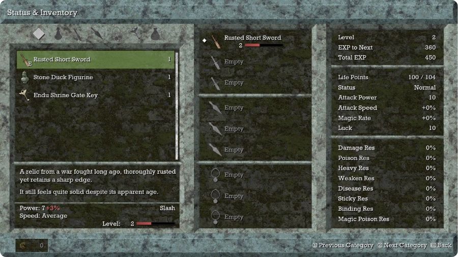 Inventory showing Stone Duck Figurine between Rusted Short Sword and Endu Shrine Gate Key